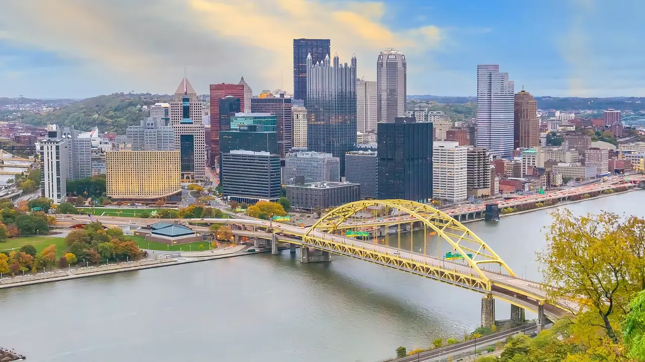 Downtown Pittsburgh skyline in autumn, seen from Mount Washington